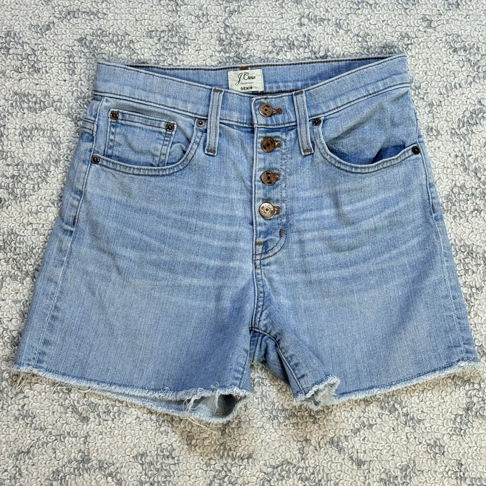 J Crew Denim Button Fly Cut Off Denim Shorts Blue Light Wash High Rise Womens 25